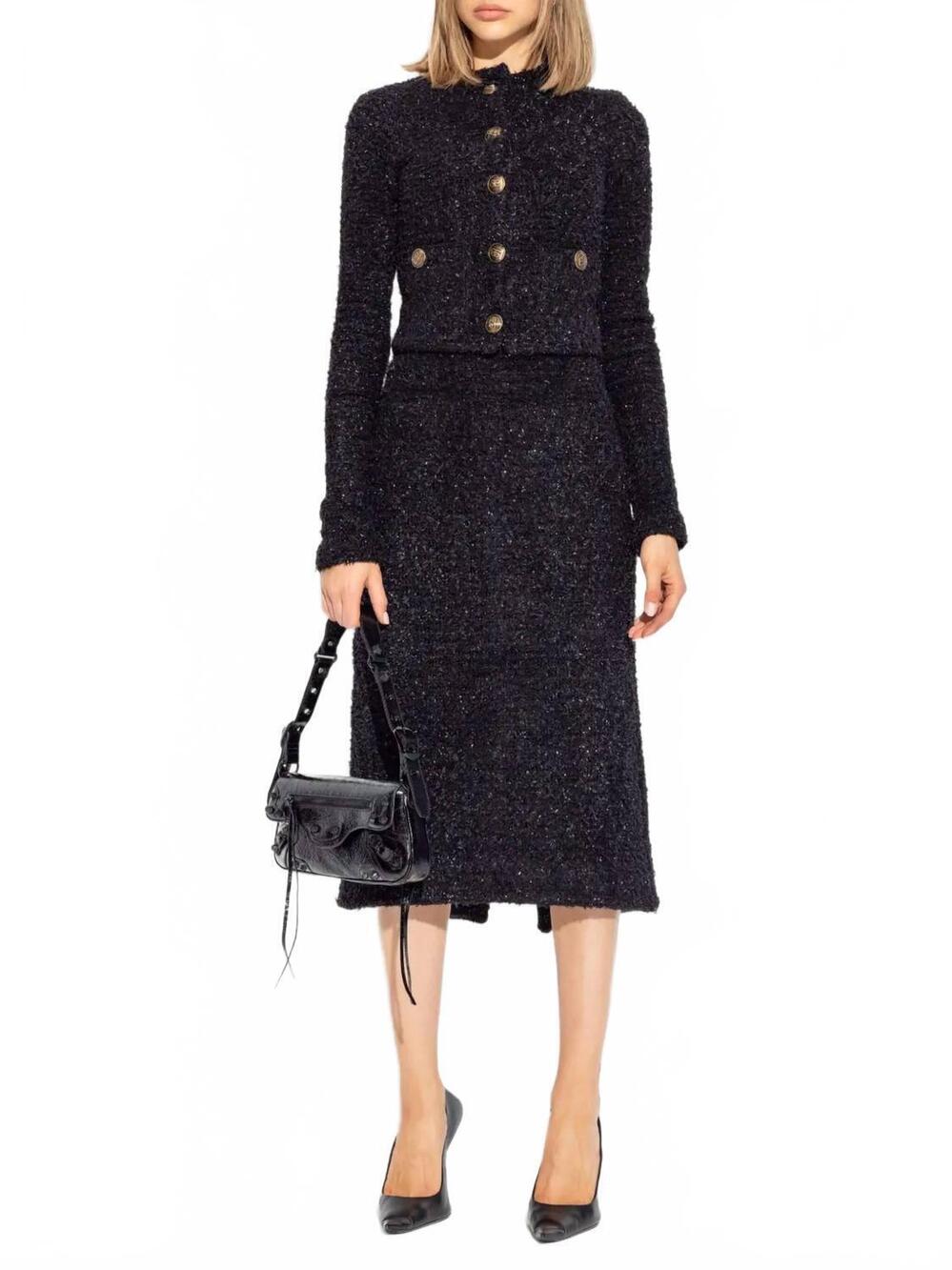 NEW BALENCIAGA tweed midi skirt in black